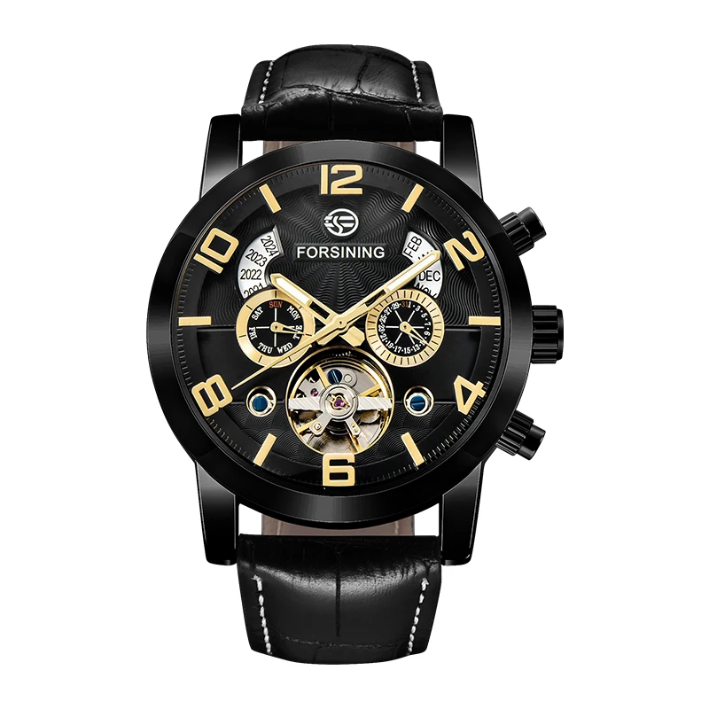 Forsining 5 Hands Tourbillion модный волнистый циферблат дизайн многофункциональный дисплей мужские часы лучший бренд класса люкс автоматические часы - Цвет: BLACK GOLD