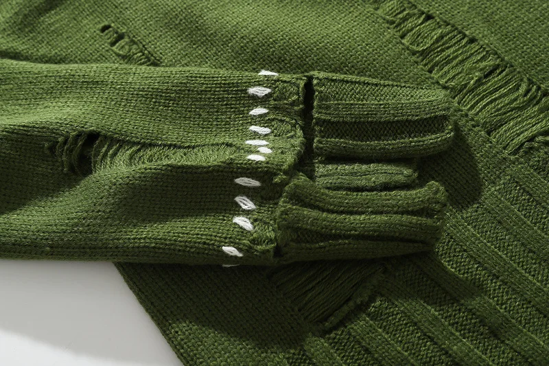 Черный зеленый хип-хоп рваный свитер для мужчин High Street Punk с дырками и неровным подолом, Свитера, Зимний вязаный свитер большого размера для женщин