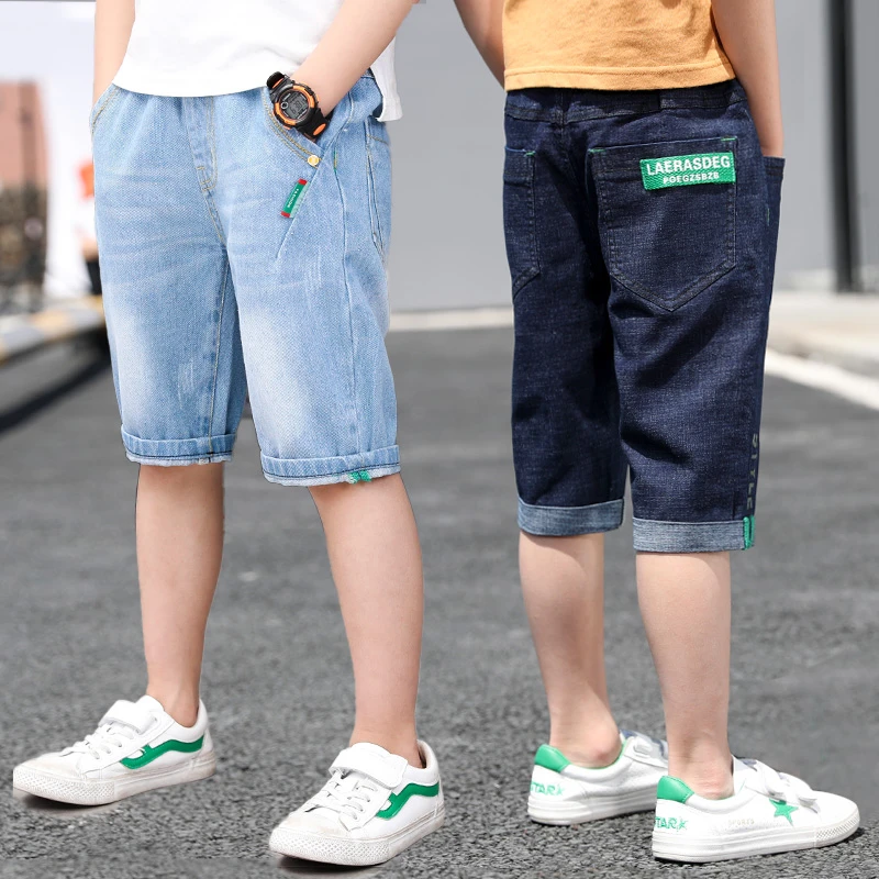 Pantalones cortos informales de colores sólidos para niños, vaqueros hasta la pantorrilla con cintura elástica, Pantalón corto con letras impresas de verano, Pantalones suaves, ropa para niños|Pantalones cortos| AliExpress