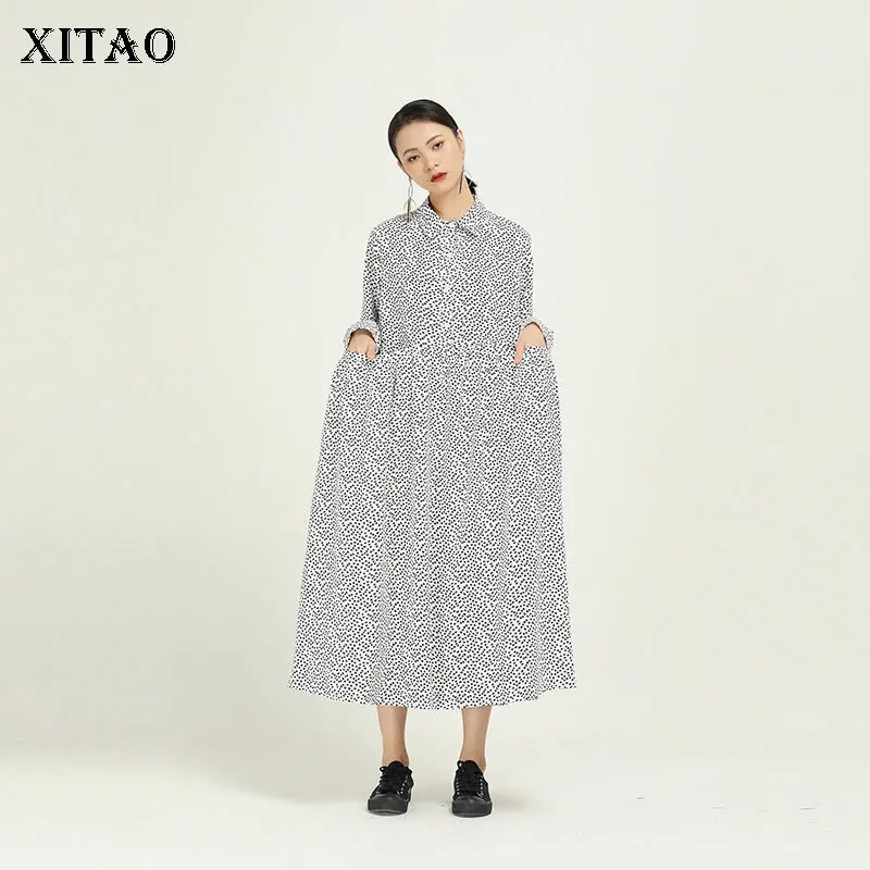 XITAO, винтажное плиссированное платье, модное, длинный рукав, маленький свежий карман, в горошек, свободное, с неровным подолом, богиня веер, повседневное платье, DMY2521