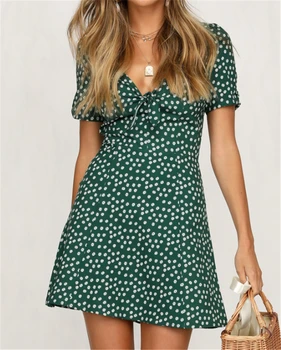 

Ladies Women Dress 2019 Summer Short Sleeve Dot V-neck Vintage Boho Maxi Evening Party Beach Mini Dresses Sim Floral Sundress