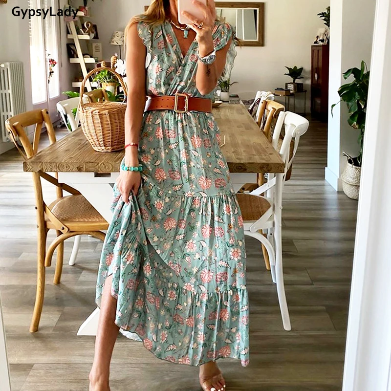 Цветочное платье-макси GypsyLady в стиле бохо зеленые винтажные женские праздничные
