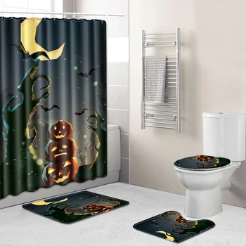 

Halloween Shower Curtain Mat Combination Four-Piece Set Bathroom Toilet Carpet Shower Room Foot Mat Cross-Border Hair