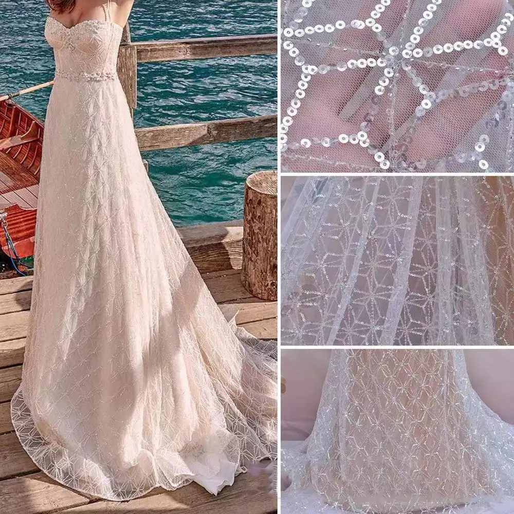 

1 Yard Off White Spider web beads Sequins Lace Fabric,High Quality Ivory Bridal Beaded Dress Wedding Dress French Lace Fabric