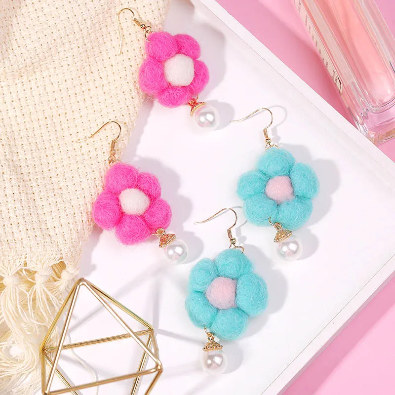 

2019 Trendy Pure Wool Pearl Flower Long Pompom Drop Earrings For Women Fashion Blue Party Kawaii Earring Korean Jewelry Gifts