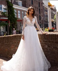 Sumnus Glitter Lace Wedding Dresses A Line Backless V Neck Long Sleeves Wedding Gowns Modest Princess Bridal Dress Custom Made