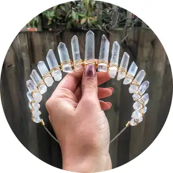 

Gold Wire Wrapped Natural Quartz Crystal Graduated Point Crown Tiaras For Women Crystal Stone Crown Bridal Metal Hair Jewelry