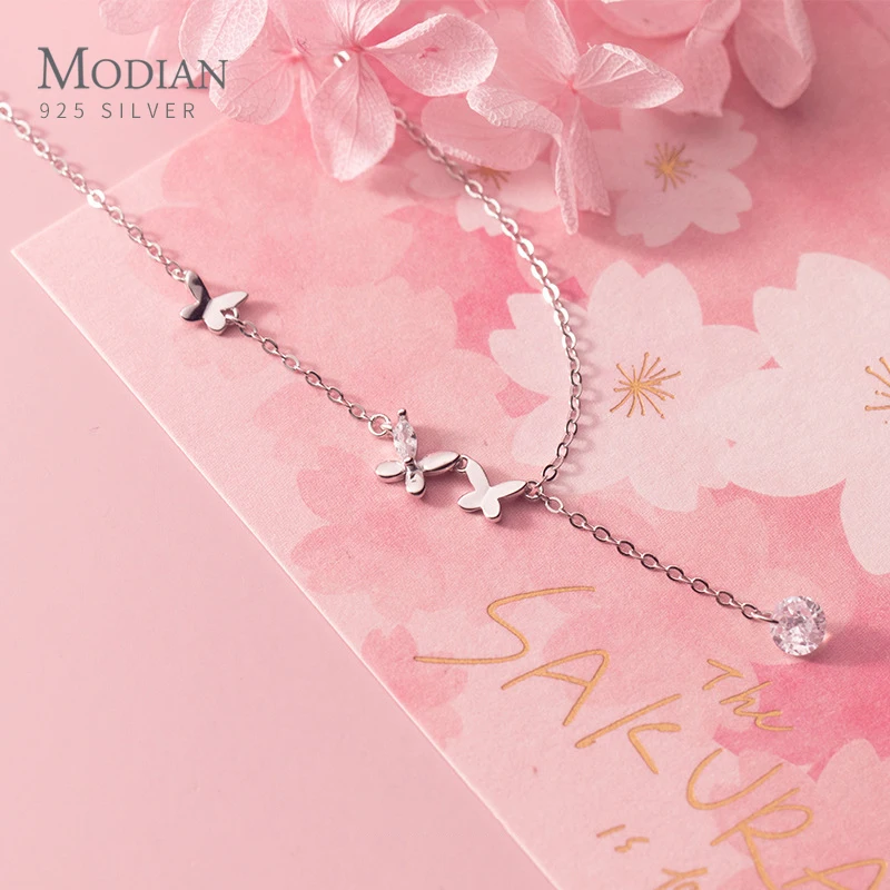 Modian Beautiful Cute Dancing Butterfly Tassel Zirconia 925 Sterling Silver Link Chain Chokers Necklace for Women Fine Jewelry