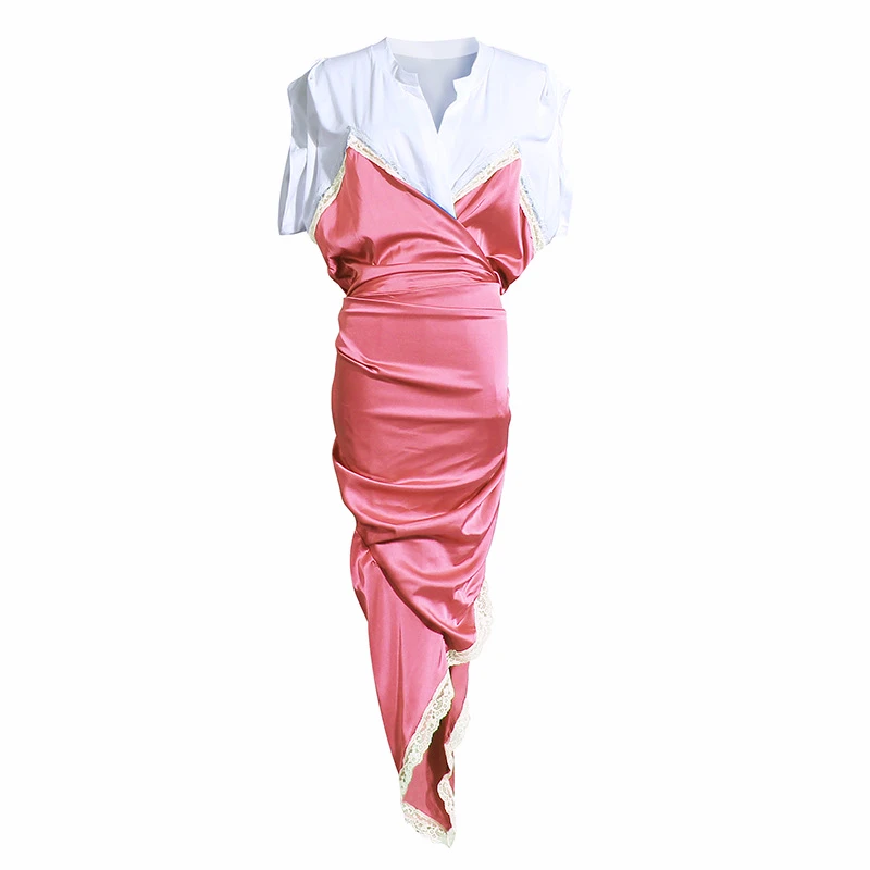 Женское атласное платье TWOTWINSTYLE лоскутное кружевное с круглым вырезом коротким