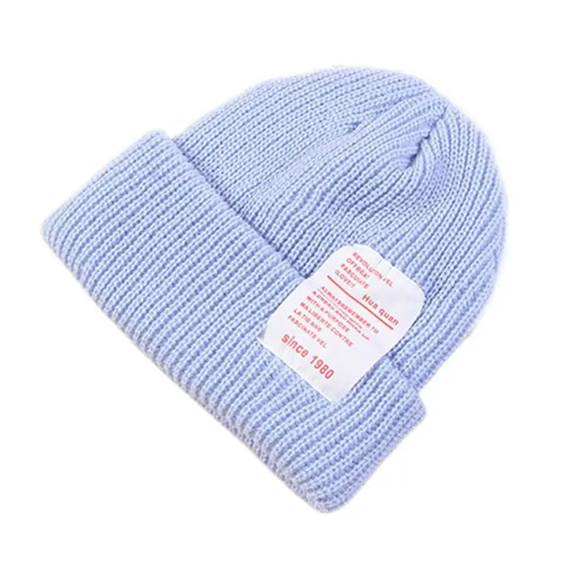 Sky Blue Женская, мужская, пара, карамельный цвет, ребристая вязаная шляпа с завернутыми полями, логотип, нашивка, ушные теплые, хип-хоп, Снежная Лыжная Шапочка - Цвет: Sky Blue