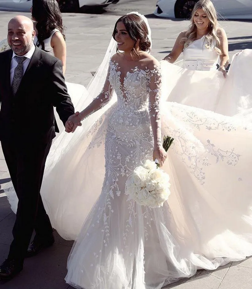 

2024 Gorgeous Wedding Dresses Long Sleeves Appliques Lace Mermaid Bridal Gowns Overskirt Vestidos De Mariage