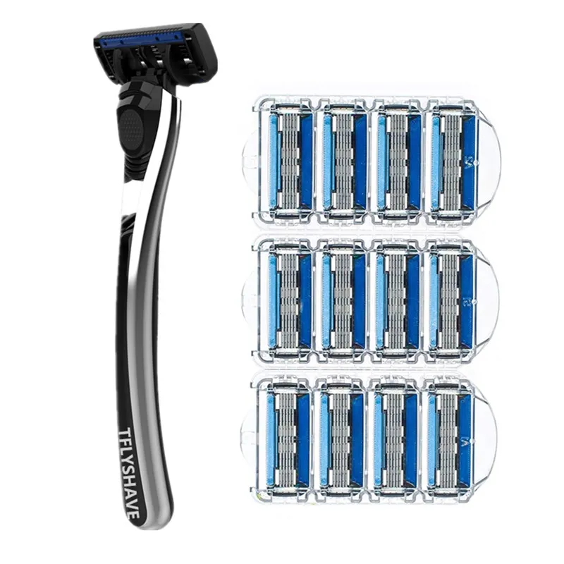 

TFLYSHAVE Man Manual Shaving Razor Blade 5 Layer Razor Cartridge with Trimmer Blade Sweden Replaceable Blade (1 Holder 12 Blade)
