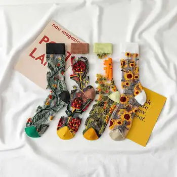 

Creative harajuku new product silk crystal tide socks funny sunflowers vines flowers happy female casual socks high quality sox