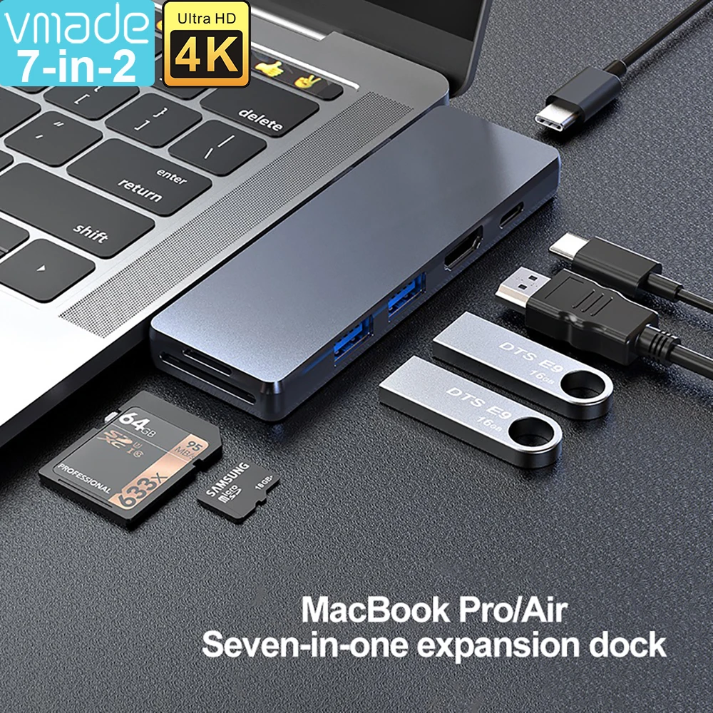 

USB 3.1 Type-C 7 in 2 Hub To 4K Ultra HD Adapter Thunderbolt 3 USB C Hub with Hub 3.0 TF SD Reader Slot PD for MacBook Pro