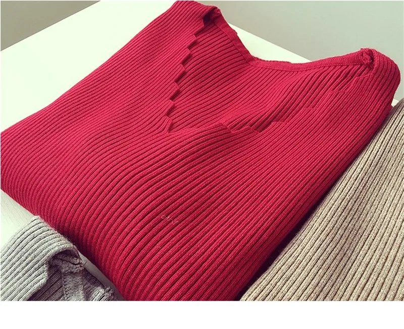 Осенняя однотонная Базовая эластичная женская одежда Модный женский вязаный свитер с v-образным вырезом и длинными рукавами женский джемпер пуловер 7113 50