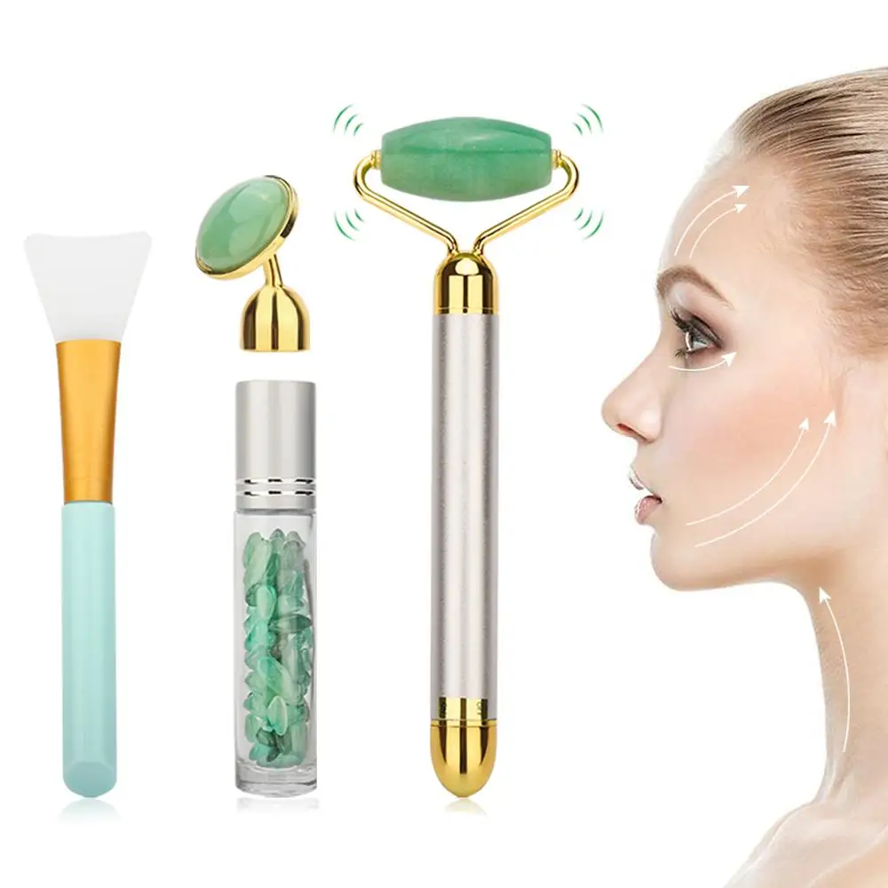 Green Electric Facial Jade Roller Set Vibrating Face Massager Roller Facial Lifting Skin Tightening