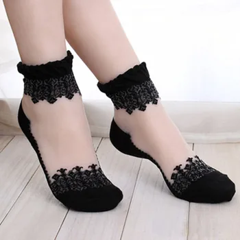 

1 Pair Women Ultra Thin Socks Summer Transparent Lace Silk Crystal Flower Girls Elastic Short Socks Female Sox