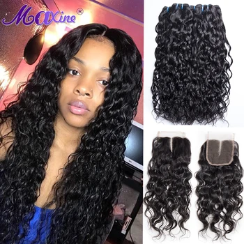 

Water Wave Hair Bundles With Closure Brazilian Hair Weave Bundles With 4x4 Lace Closure Wet and Weavy Human Hair Extensions