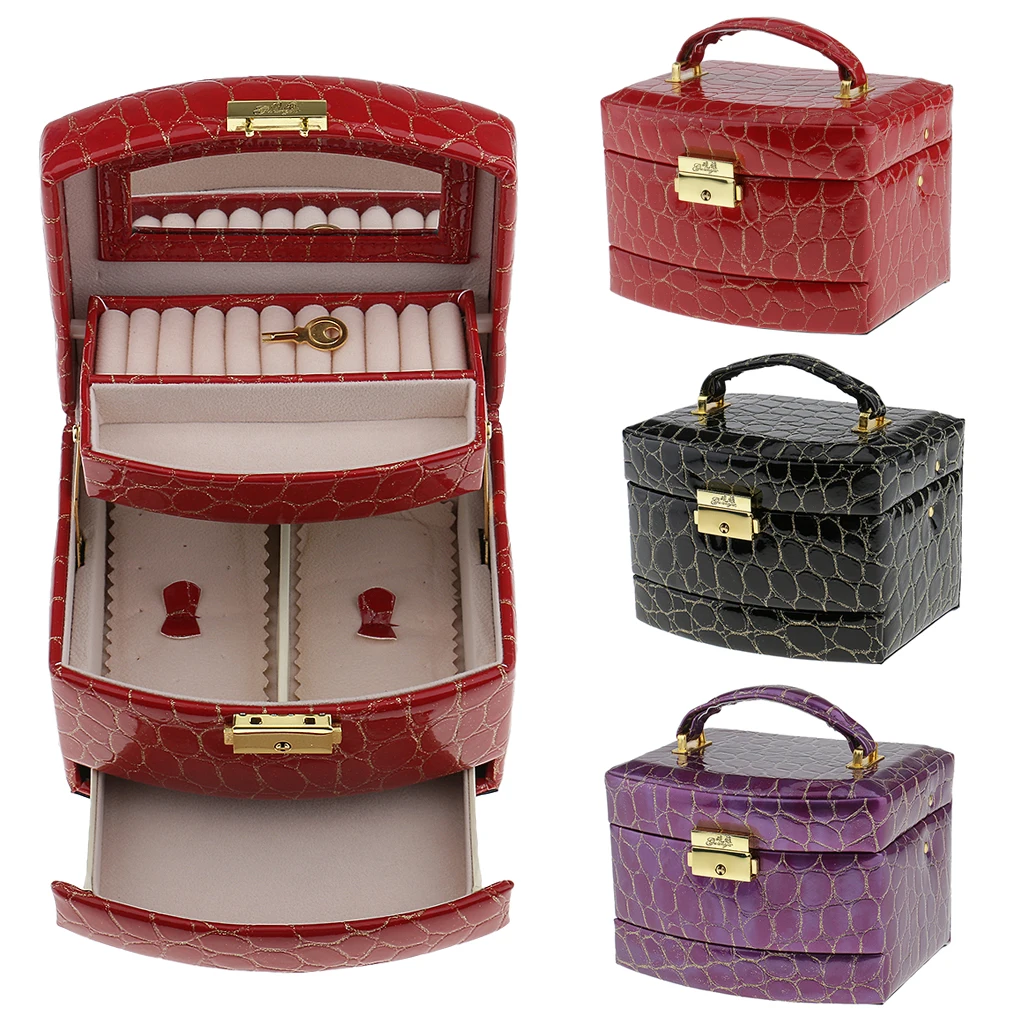 

Retro Jewelry Box Lockable Ring Earrings Jewelry Case Faux Leather Mirrored Top Storage Organizer