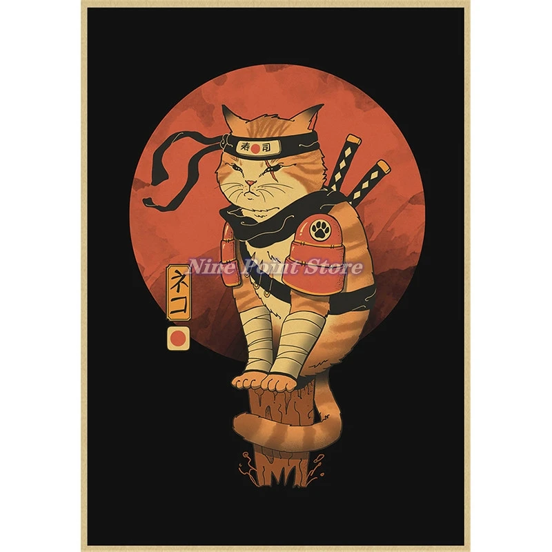 flower wall decals Japanese Samurai Cat Ramen Kraft Paper painting posters Home Decor Art Decor HD quality Cartoon Painting animal nursery wall stickers