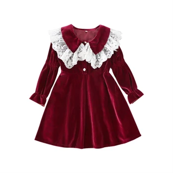 

Fall Little Black Red Retro Girls Dress Slender Lace-edged Golden Velvet Dresses For Children Girls Dresses Wine Red 130 Yards