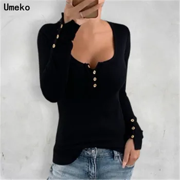 

Umeko 2020 Women's Square Collar Sweater Button Slim Fit Long Sleeve Chunky Knitted Pullover Jumper Tops Female Knitwear Sweater