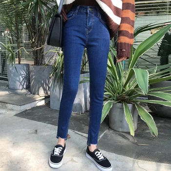 

Korean Style Slim Casual Stretch Pencil Jeans Women Blue High Waist Denim Jeans Vintage Denim Pants For 4 Season