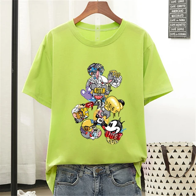 Disney Colorful Mickey Mouse T Shirt Women 2021 Summer Tshirt Graphic Tee Cool Women T-shirt Female Tee Shirt 90s Aesthetic Tops Glass Green