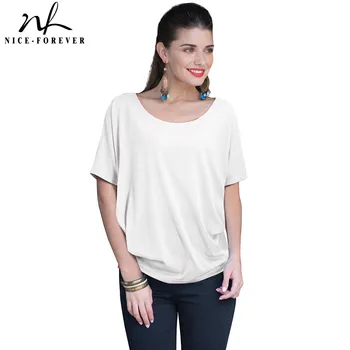 

Nice-forever Casual Summer Round Neck Loose Batwing T-shirt Solid Color Draped Stylish Women Tees tops bty157