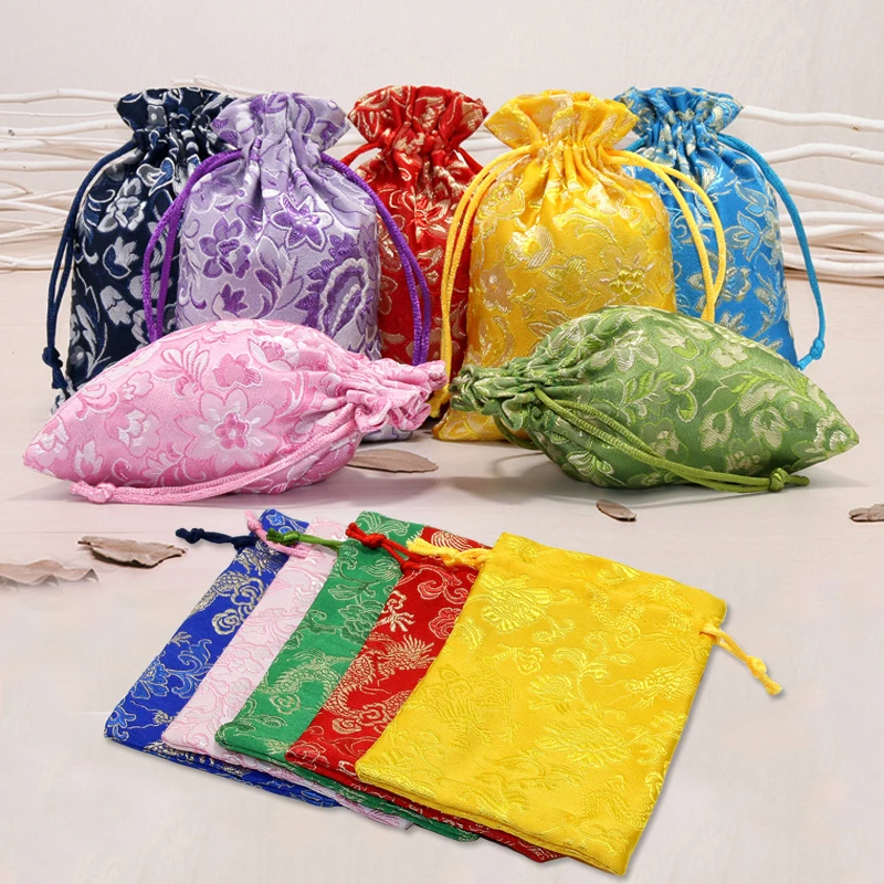 Silk Jewelry Storage Bag Pouch Small Satin Coin Purse Chinese Brocade Embroidered Drawstring Gift for Ring | Дом и сад