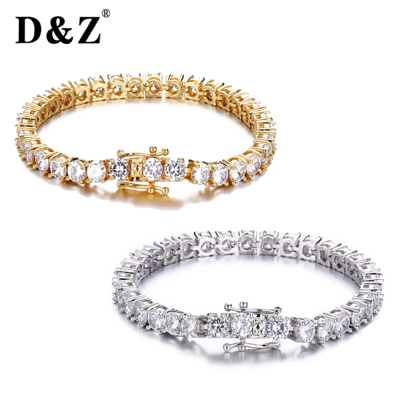 

D&Z 2 pcs/Set Copper Iced Out Bling CZ Tennis Bracelet AAA+ Cubic Zirconia Link Chain Bracelet Men Hip Hop Jewelry
