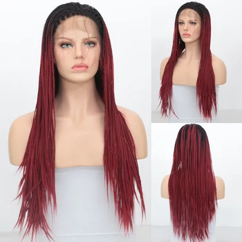 

Charisma Ombre Red Wigs Heat Resistant Fiber Hair Synthetic Lace Front Wig with Baby Hair for Women Long Box Braided Wig