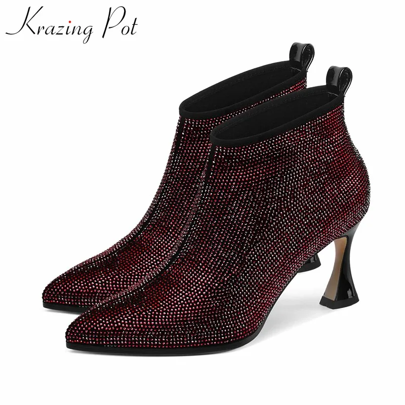 

krazing pot shiny gorgeous crystal studded sheep suede boots pointed toe high heels winter mature women fashion ankle boots L51