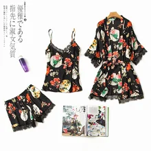 Sleepwear 3 Pieces Satin Faux Silk Autumn Sling Short Pants Homewear Woman Summer Pajamas Set Floral Printed Sleep