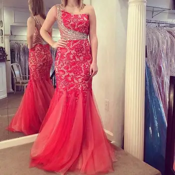 

2018 Evening gown One Shoulder Sleeveless Backless Sweep Train Crystal Mermaid Formal Party red lace mother of the bride dresses