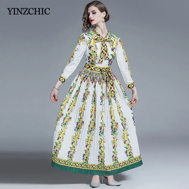 

Floral Print Woman Autumn Maxi Pleated Dress Bow-neck Elegant Party Dress for Woman Ladies Slim Long Dresses New