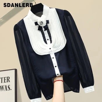 

Stand-up Collar Slim-Fit Bow Flower Chiffon Shirt Women's Shirts Ladies Temperament Blouse Spring Womens Tops and Blouses Blusas