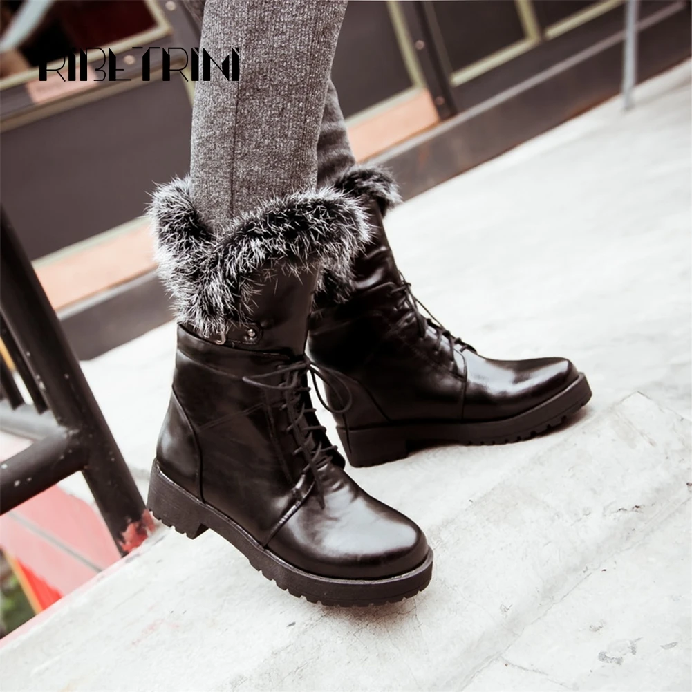 

REBETRINI Large Size 34-43 Thick Fur Winter Women Boots Warm Short Plush Lace Up Shoes Woman Med Heel Shoes For Sweet Girls