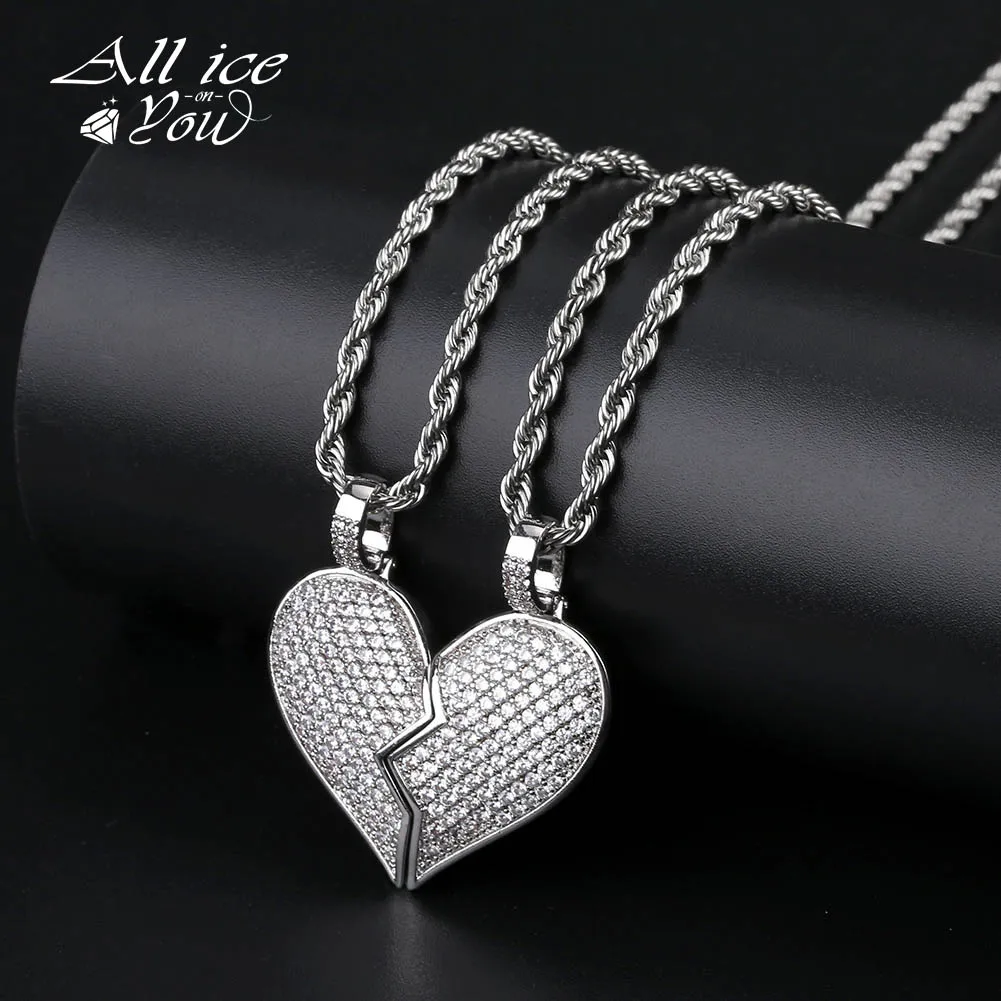 

ALLICEONYOU Fashion Broken Heart Iced Out Chain Pendant Necklace Statement Cubic Zircon Necklace Hip Hop Men's Jewelry Gift