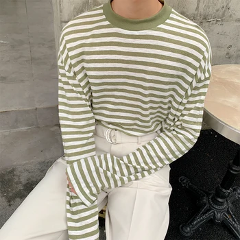 

Autumn New T Shirt Men Fashion Contrast Color Casual Striped Tshirt Man Streetwear Wild Hip-hop Loose Long-sleeved T-shirt Male