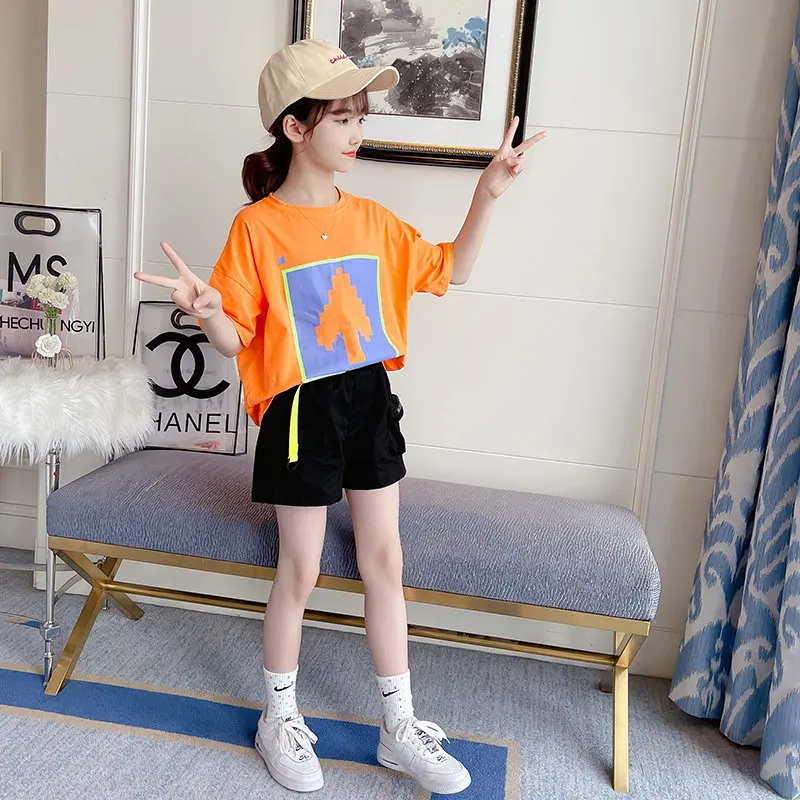 

Teens Fashion Clothes Set Spring 2023 Kids Girls Clothes Set Print T-Shirt&Cargo Pants With Free Belt Children Tracksuit 4-14Yrs