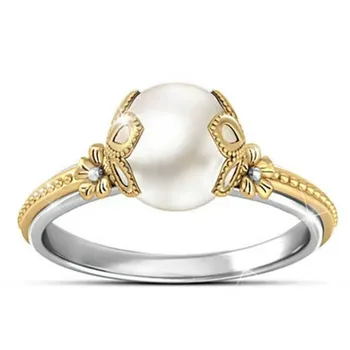 

Huitan Beige Imitation Pearl Flower Setting Elegant Women Ring Evening Party Fashion Jewelry Anniversary Fine Gift Ring for Lady