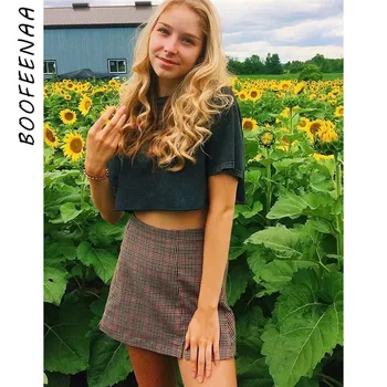 

BOOFEENAA Vintage Plaid High-waisted Sheath Slit Pencil Skirts for Women 2020 Spring Summer Sexy Mini Skirt Faldas C77-AB47