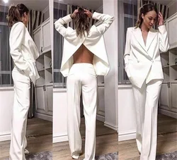 Branco feminino ternos de volta dividir trabalho festa vestir para senhoras solto ajuste blazer + calças negócios smoking convidado casamento festa de formatura ogstuff