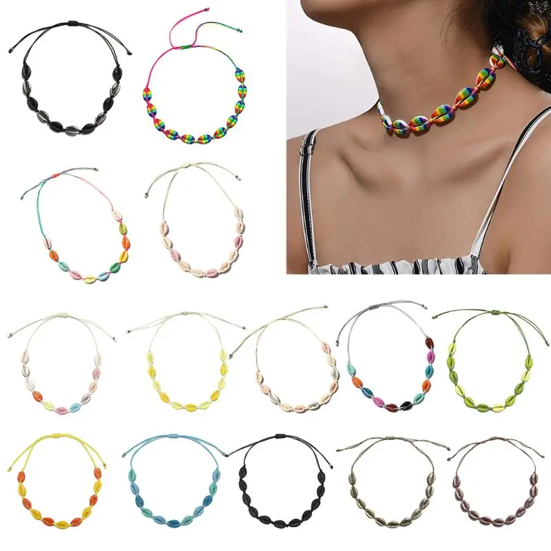 

Marine Style Women Girl Handmade Beaded Choker Candy Color Baking Paint Alloy Sea Shell Adjustable Necklace Jewelry Beach Collar