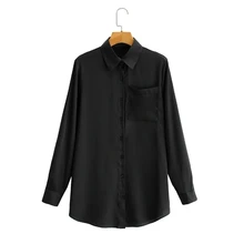 

2021 New Spring Women Black Satin Blouse Female Single Pocket Long Sleeve Shirt Casual Lady Loose Tops Blusas S8322