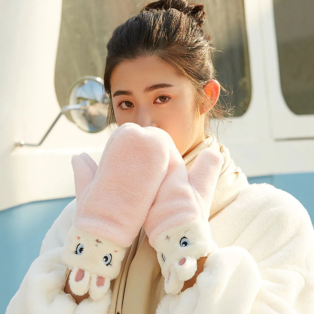 Женские перчатки с ушками кролика из мультфильма, модные варежки, мягкие, теплые, утолщенные, полный палец, перчатки, одноцветные, женские перчатки