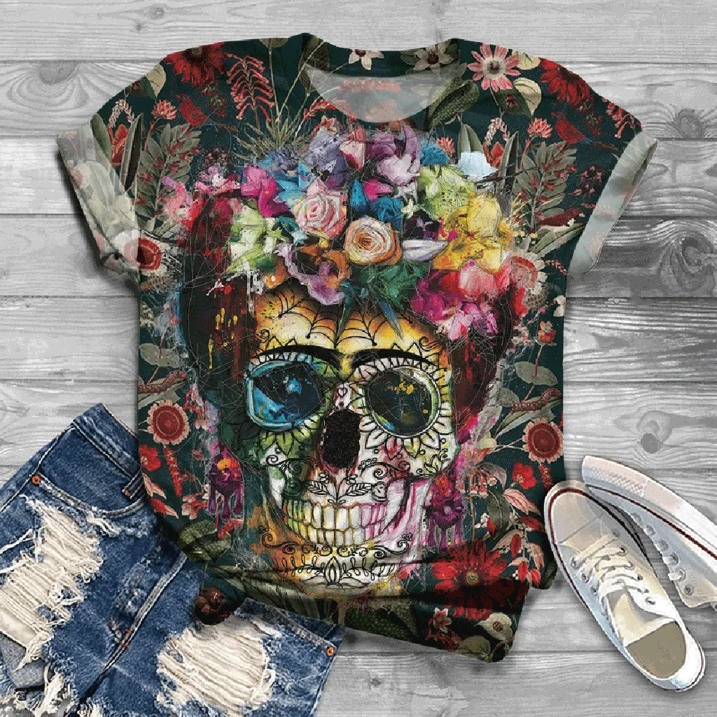 3D Skull Printed T Shirt Women Plus Size Women T-Shirt Short Sleeve O-Neck Tops Tee T-Shirt