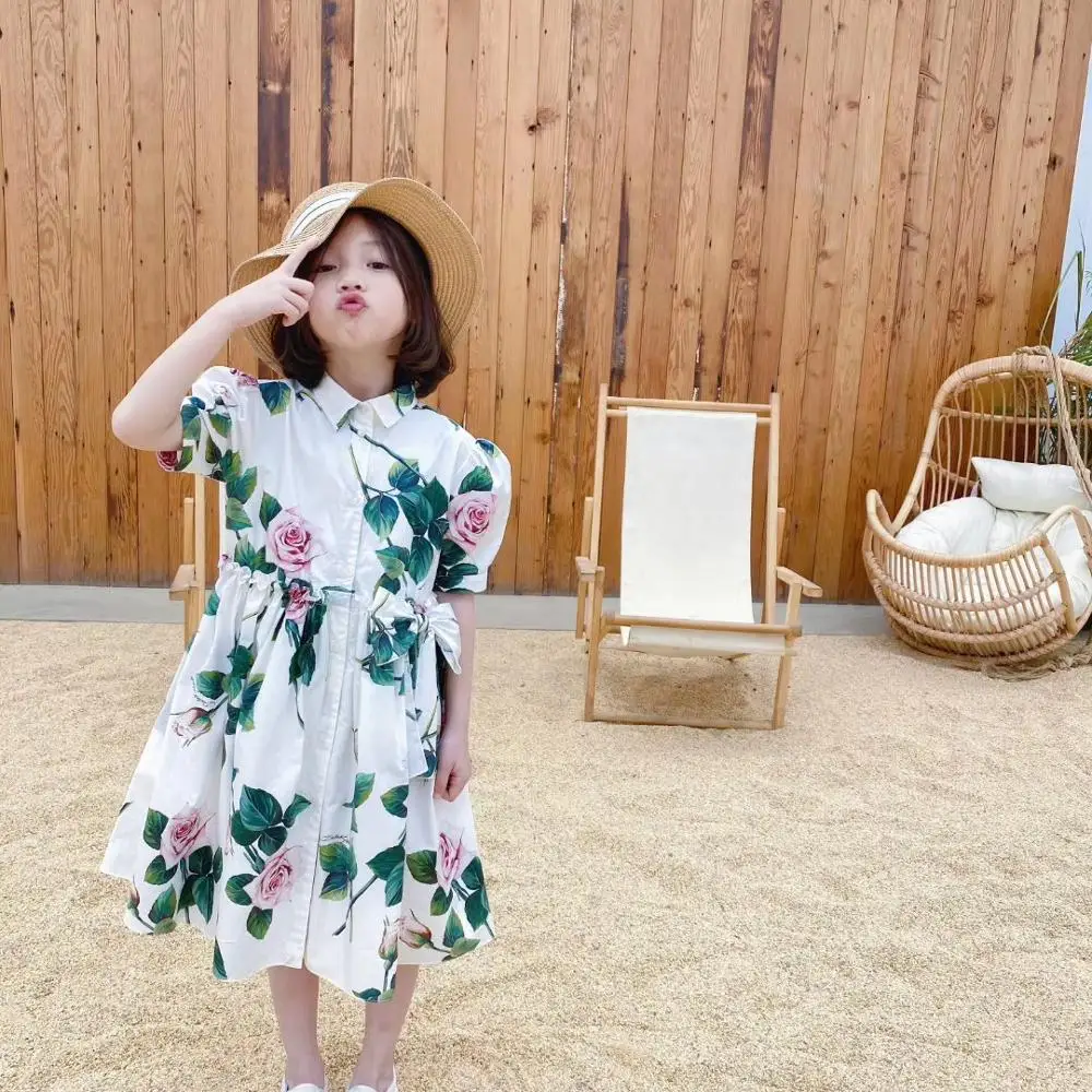 

Girls' Rose Print Puff Sleeve Dress Princess Dress