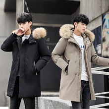 Зимний пуховик с воротником из кроличьего меха, мужское пальто, модное мужское теплое плотное пальто с капюшоном, удобное мужское однотонное пальто
